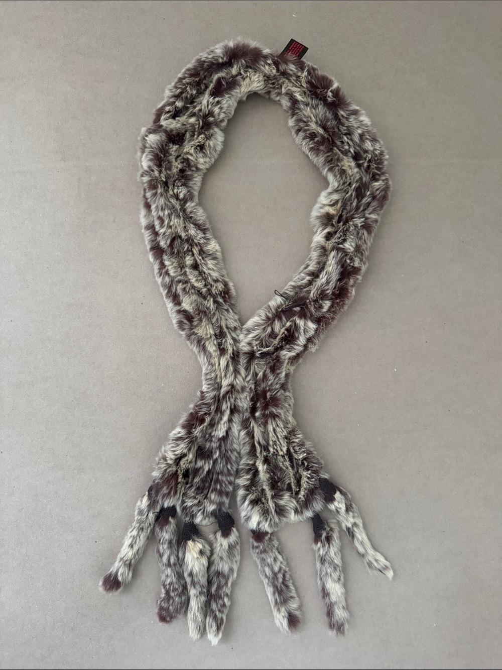 Danier Rabbit Fur Scarf in Brown and Cream Tones-missing one tassel